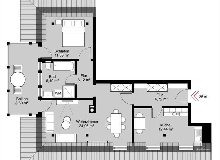 Wohnung zur Miete 1.100 € 2 Zimmer 69 m²<br/>Wohnfläche 3.<br/>Geschoss ab sofort<br/>Verfügbarkeit Wannsee Berlin 14109