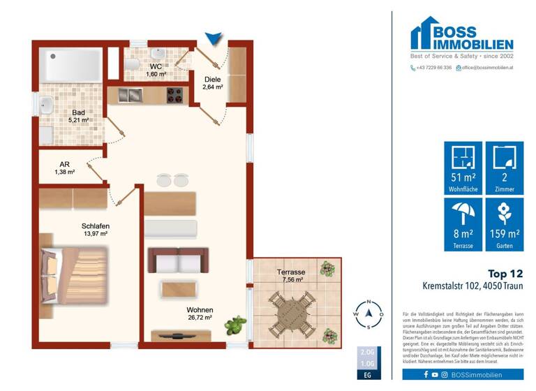 Wohnung zur Miete 565 € 2 Zimmer 51,2 m² EG frei ab 01.07.2026 Kremstalstraße 102 Traun 4050