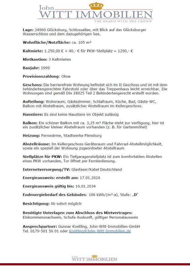 Wohnung zur Miete 1.250 € 3 Zimmer 105 m² 2. Geschoss Glücksburg Glücksburg 24960