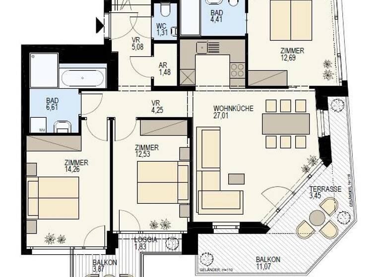 Terrassenwohnung zum Kauf - Erstbezug 1.107.300 € 4 Zimmer 91,5 m² 5. Geschoss frei ab 01.12.2026 Wien / Wien 3., Landstraße 1030
