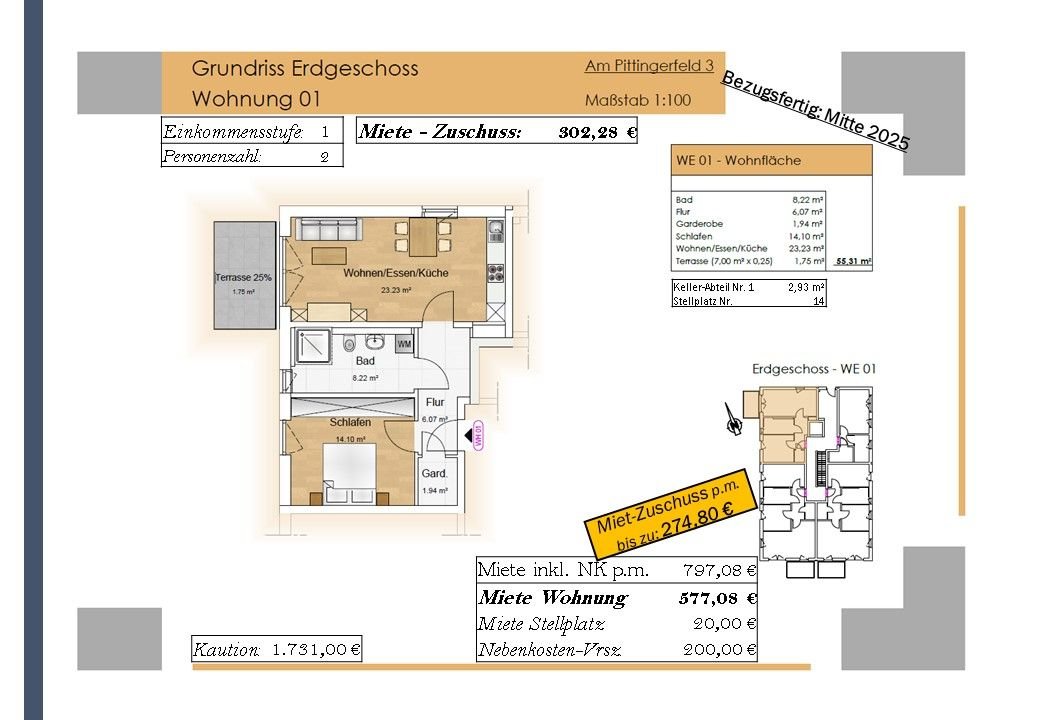 Wohnung zur Miete 302 € 2 Zimmer 55,3 m²<br/>Wohnfläche EG<br/>Geschoss Am Pittingerfeld 3 Wörth Wörth an der Donau 93086