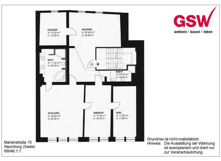 Wohnung zur Miete 800 € 4 Zimmer 137,5 m² 3. Geschoss frei ab 01.03.2026 Marienstraße 15 Naumburg Naumburg (Saale) 06618