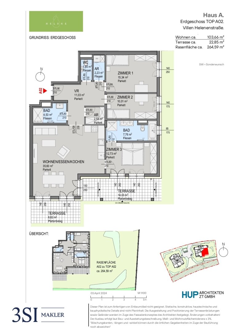 Wohnung zum Kauf 762.600 € 4 Zimmer 103,7 m²<br/>Wohnfläche EG<br/>Geschoss Helenenstraße 1 Baden 2500