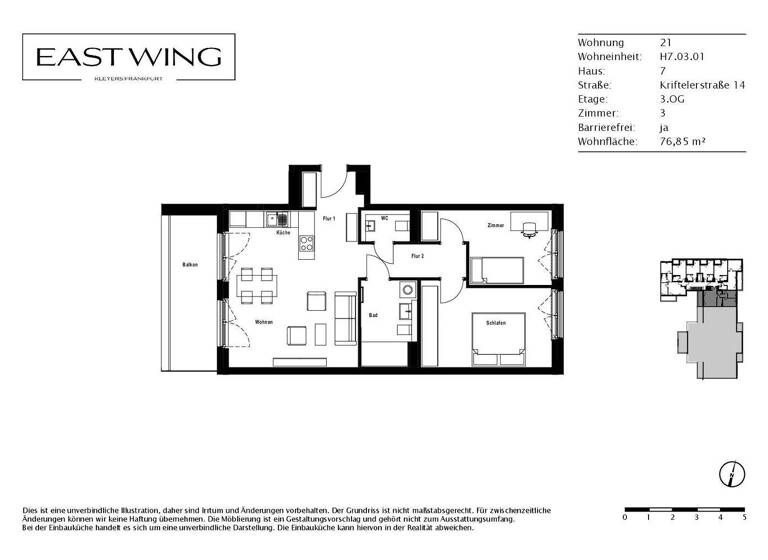 Wohnung zur Miete 1.460 € 3 Zimmer 76,8 m² 3. Geschoss frei ab sofort Kriftelerstraße 14 Gallus Frankfurt am Main 60326