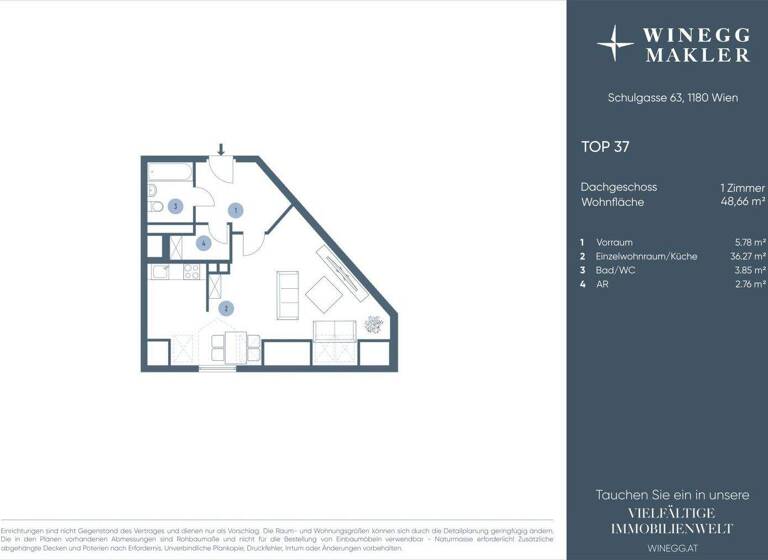 Studio zur Miete - Erstbezug 850 € 1 Zimmer 48,7 m² 5. Geschoss Schulgasse 63 Wien 1180