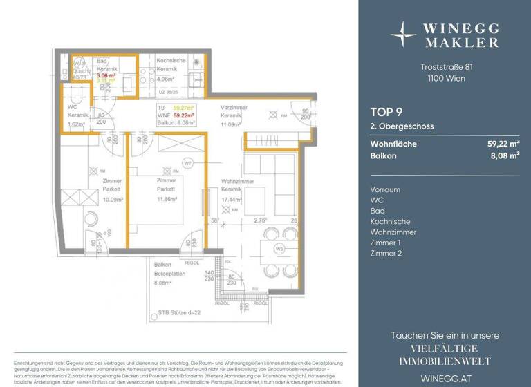 Wohnung zur Miete - Erstbezug 1.066 € 3 Zimmer 59,2 m² 2. Geschoss Troststraße 81 Wien 1100