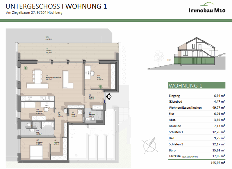 Terrassenwohnung zur Miete 2.750 € 4 Zimmer 146 m² Geschoss -1/3 frei ab 01.06.2026 Höchberg 97204