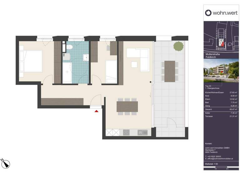 Terrassenwohnung zum Kauf - Erstbezug 495.000 € 3 Zimmer 65,5 m² 1. Geschoss frei ab 01.07.2026 Mutterstraße 11 Feldkirch 6800