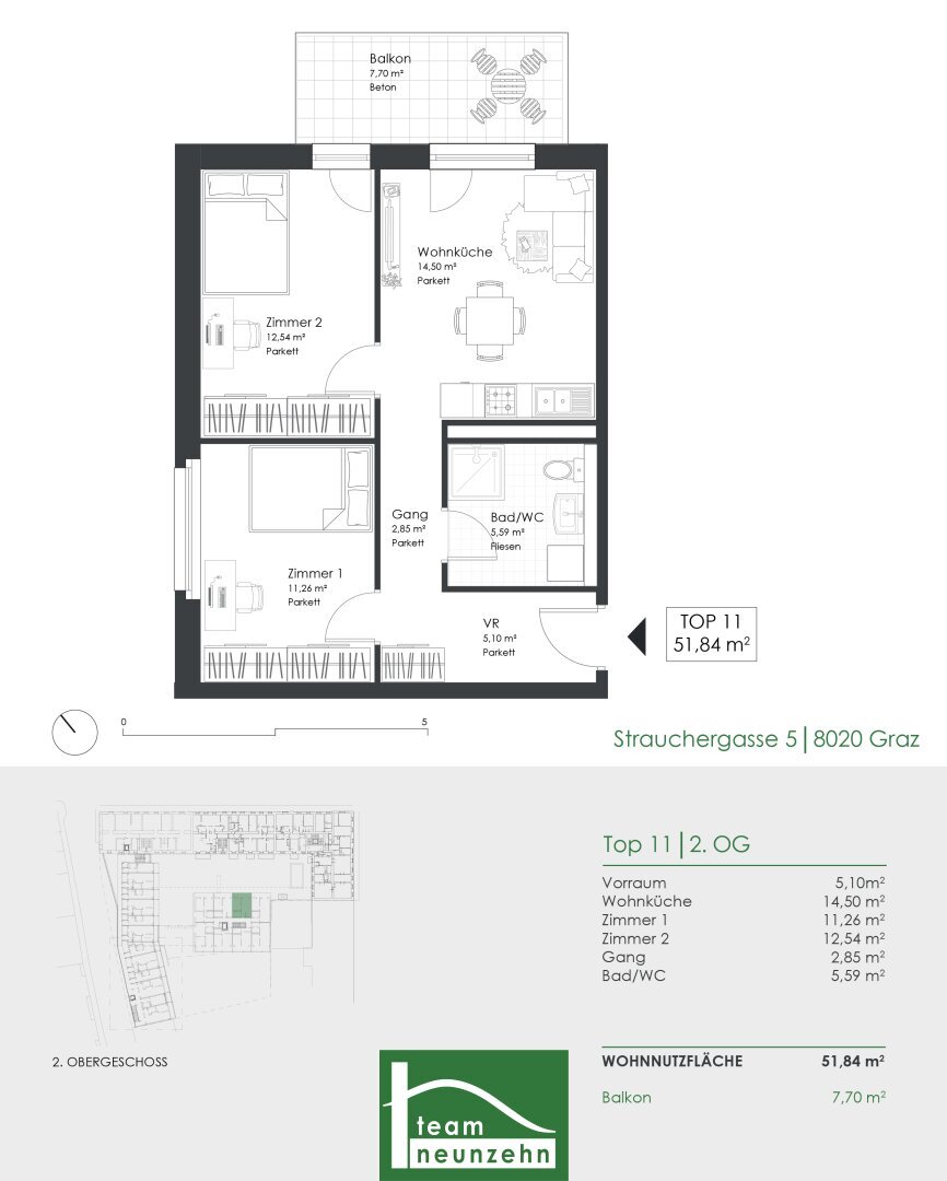 Wohnung zur Miete 641 € 1 Zimmer 51,6 m²<br/>Wohnfläche 2.<br/>Geschoss Strauchergasse 5 Lend Graz 8020