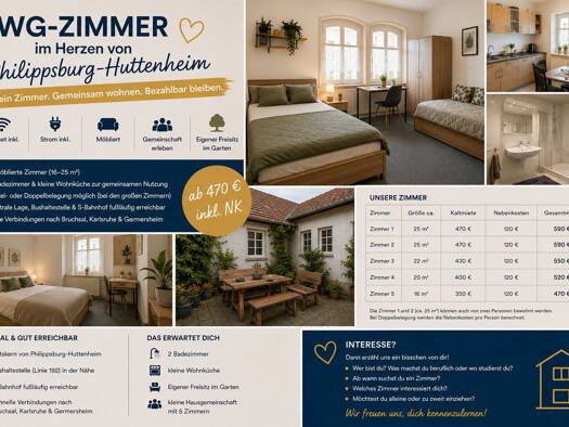 WG-Zimmer zur Miete auf Zeit 350 € 16 m² 1. Geschoss Rheinstraße Huttenheim Philippsburg 76661