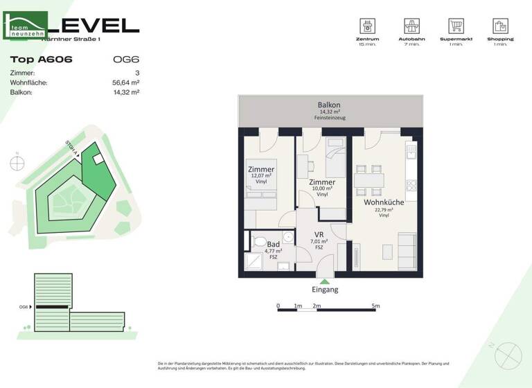 Wohnung zur Miete - Erstbezug 736 € 3 Zimmer 56,6 m² 6. Geschoss frei ab 01.05.2026 Kärntner Straße 1 Gries Graz 8020