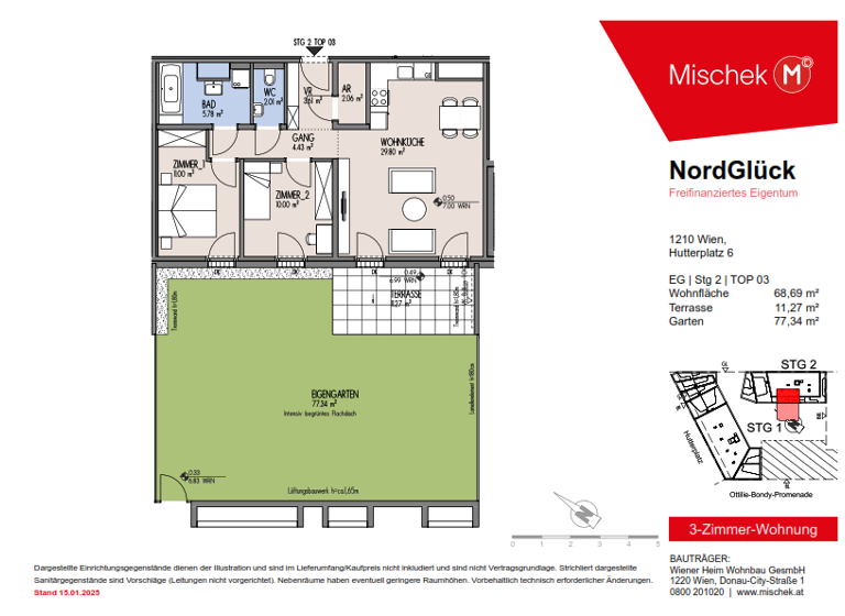 Wohnung zum Kauf provisionsfrei 394.000 € 3 Zimmer 68,7 m² EG Wien 1210