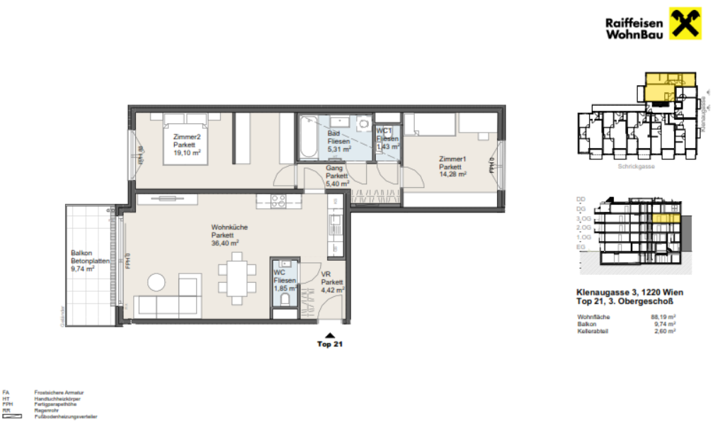 Wohnung zum Kauf provisionsfrei 589.400 € 3 Zimmer 88,2 m²<br/>Wohnfläche 3.<br/>Geschoss Wien 1220