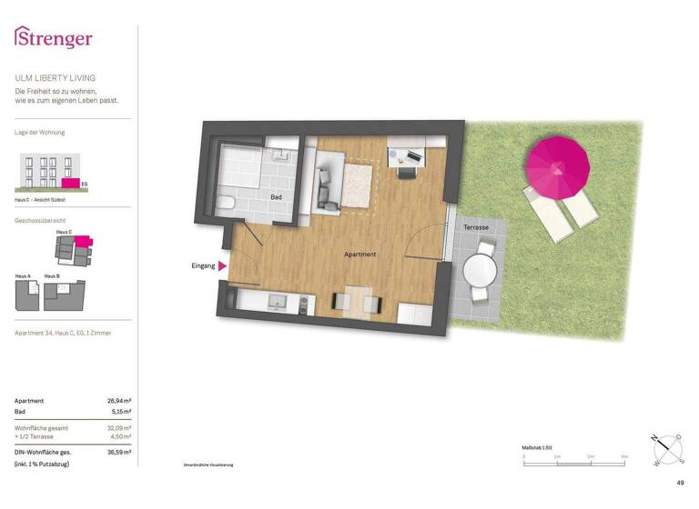 Studio zur Miete - Erstbezug 1.050 € 1 Zimmer 36,5 m² EG frei ab sofort Frauenstraße 124/1 Mitte Ulm 89073