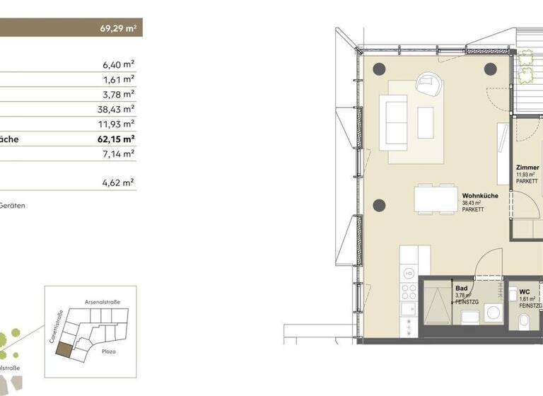 Wohnung zur Miete 1.229 € 2 Zimmer 62,2 m² 9. Geschoss Wien 1100