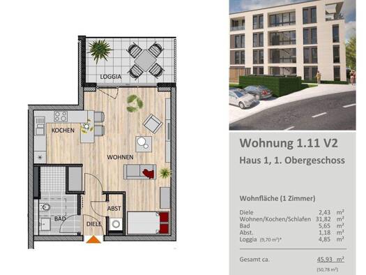 Wohnung zum Kauf - Erstbezug provisionsfrei 269.900 € 1 Zimmer 45,9 m² 1. Geschoss Köttgen-Allee Gladbach Bergisch Gladbach 51465