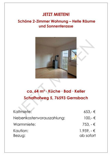 Wohnung zur Miete 653 € 2 Zimmer 64 m² Scheuern Gernsbach 76593