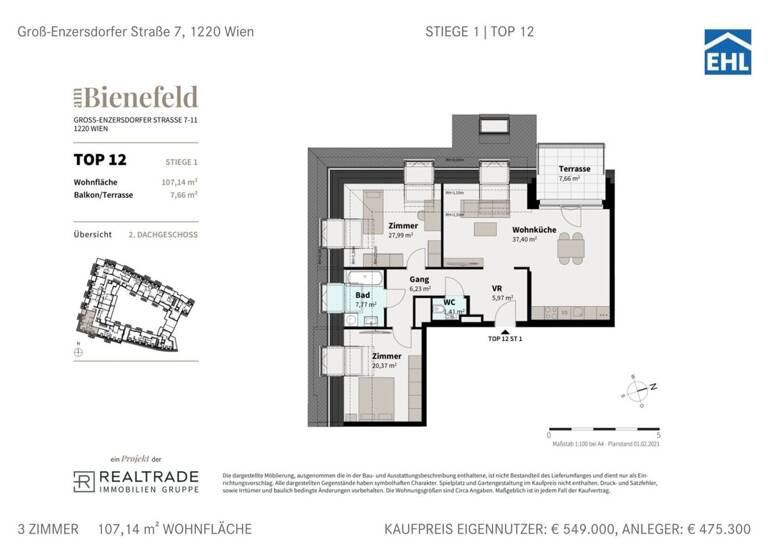 Wohnung zum Kauf 599.000 € 3 Zimmer 107,1 m² Wien 1220