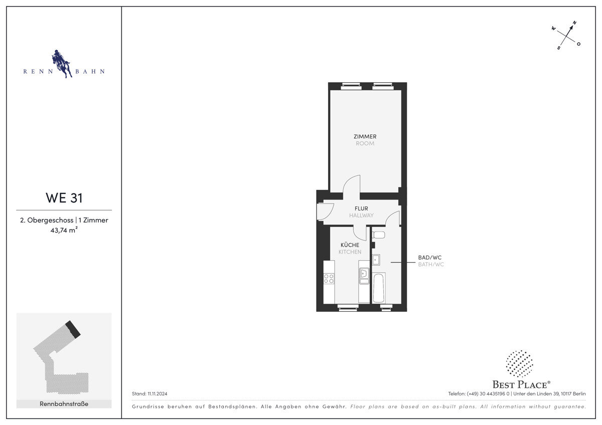 Wohnung zum Kauf 224.000 € 1 Zimmer 43,7 m²<br/>Wohnfläche 2.<br/>Geschoss Rennbahnstrasse 24 Weißensee Berlin 13086