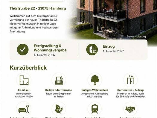 Wohnung zur Miete - Erstbezug 1.126 € 3 Zimmer 64,7 m² 1. Geschoss frei ab 01.02.2027 Thörlstraße 22 Heimfeld Hamburg 21075