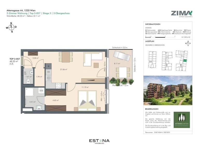 Wohnung zum Kauf - Erstbezug 352.425 € 2 Zimmer 48,4 m² 3. Geschoss Attemsgasse Wien 1220