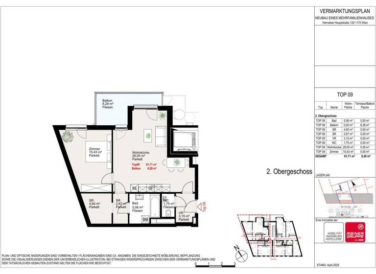 Wohnung zur Miete - Erstbezug 1.054 € 2 Zimmer 61,7 m² 2. Geschoss Wien 1170