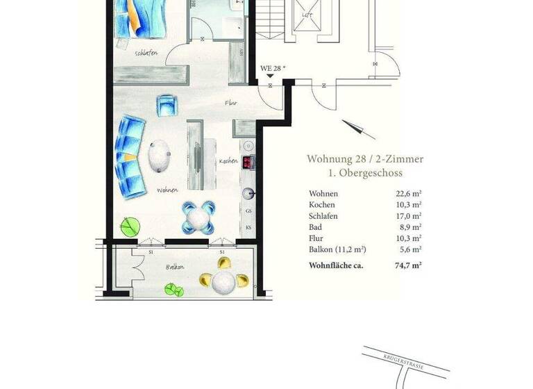 Wohnung zur Miete 950 € 2 Zimmer 74,7 m² 1. Geschoss frei ab 01.05.2026 Loschwitz/Wachwitz Dresden 01326