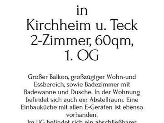 Wohnung zur Miete 900 € 2 Zimmer 60 m² Geschoss 1/2 frei ab 01.04.2026 Friedhofweg 15 Kirchheim Kirchheim unter Teck 73230
