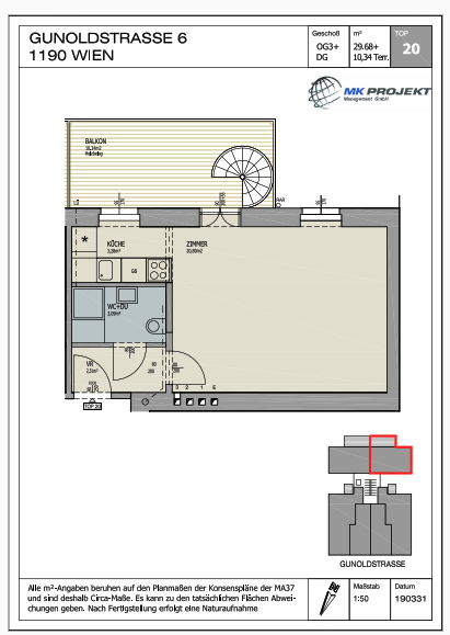 Wohnung zum Kauf 287.000 € 1 Zimmer 29,7 m²<br/>Wohnfläche 3.<br/>Geschoss Wien 1190