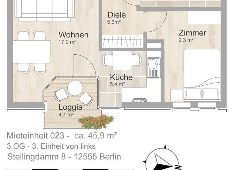 Wohnung zur Miete 623 € 1,5 Zimmer 45,9 m² 3. Geschoss frei ab 01.04.2026 Stellingdamm 8 Köpenick Berlin 12555