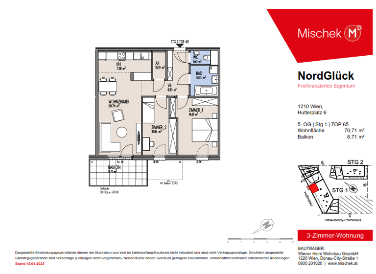Wohnung zum Kauf provisionsfrei 393.000 € 3 Zimmer 70,7 m² 5. Geschoss Wien 1210