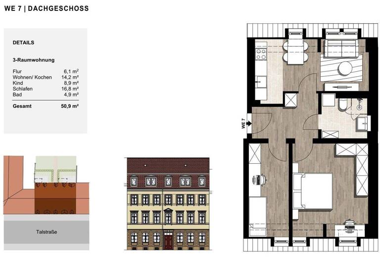 Wohnung zur Miete 814 € 3 Zimmer 50,9 m² EG frei ab 01.04.2026 Talstraße 16 Äußere Neustadt Dresden 01099