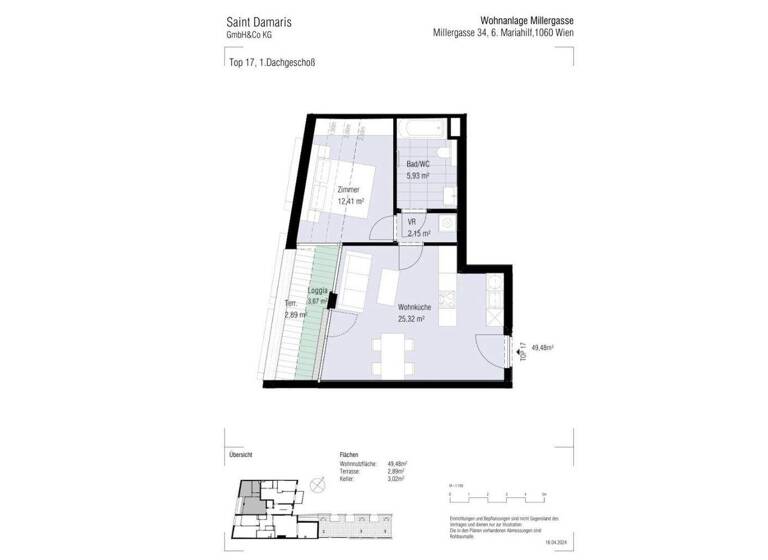 Wohnung zur Miete - Erstbezug 1.590 € 2 Zimmer 49,5 m² frei ab 01.07.2026 Millergasse Wien 1060