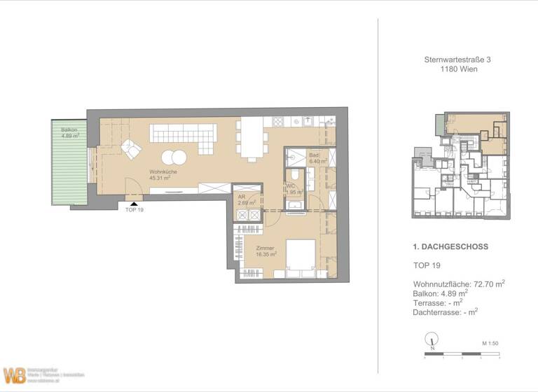 Wohnung zum Kauf 810.000 € 2 Zimmer 74 m² 4. Geschoss Sternwartestraße Wien 1180