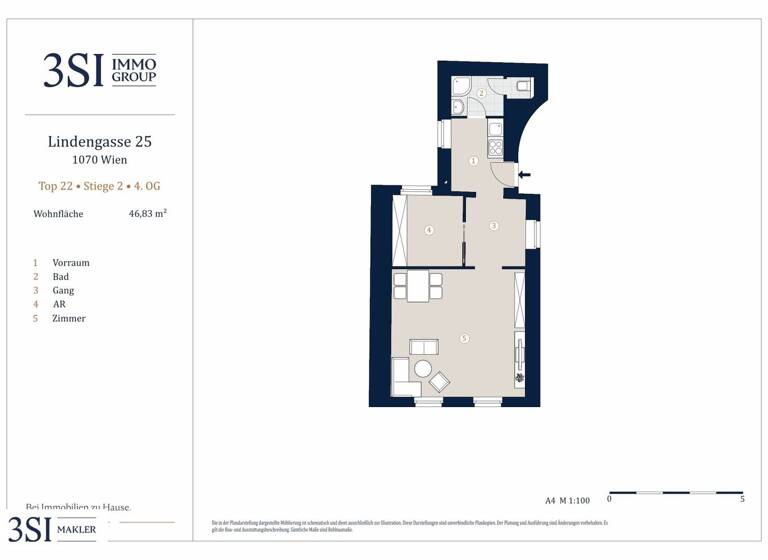 Wohnung zum Kauf 335.000 € 2,5 Zimmer 46,8 m² 4. Geschoss Lindengasse 25 Wien 1070