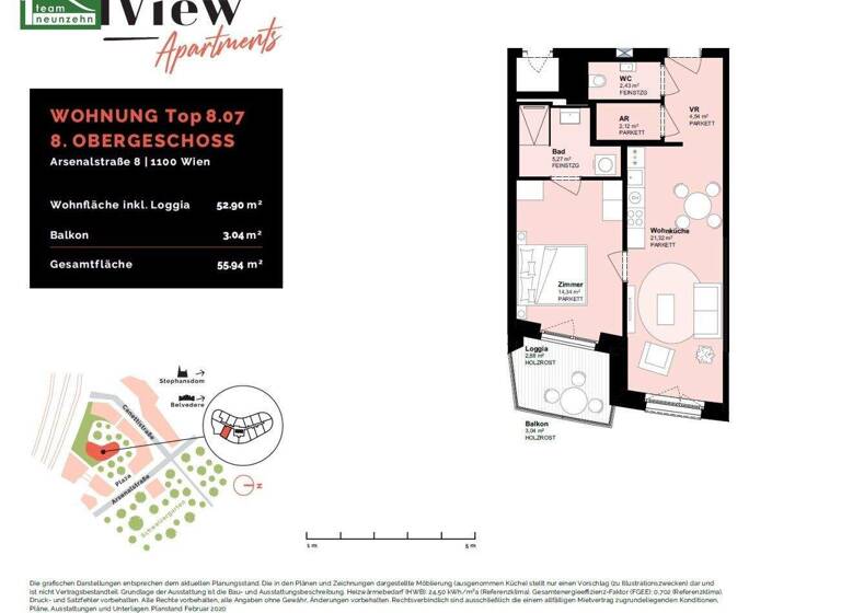 Wohnung zur Miete 912 € 2 Zimmer 50 m² 8. Geschoss frei ab 01.06.2026 Arsenalstraße 8 Wien 1100