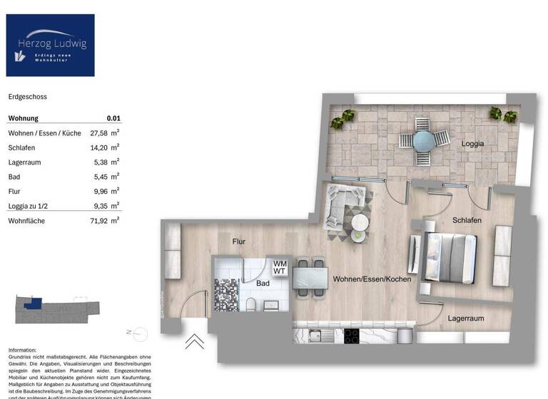 Wohnung zum Kauf provisionsfrei 539.900 € 2 Zimmer 71,9 m² EG Haager Straße 11 Erding 85435