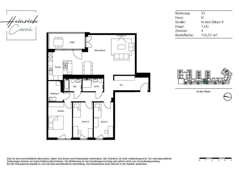 Wohnung zur Miete 1.995 € 4 Zimmer 133,6 m² 1. Geschoss In den Diken 9 Rath Düsseldorf 40472