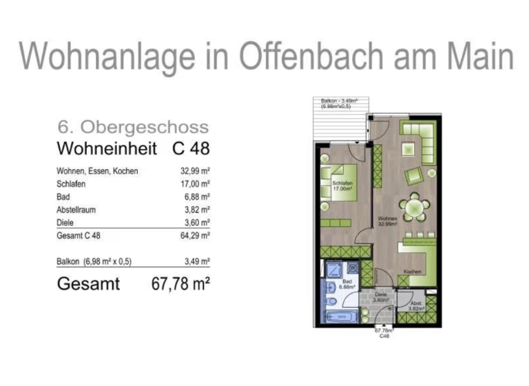 Wohnung zum Kauf 339.000 € 2 Zimmer 67,8 m² 6. Geschoss frei ab sofort Offenbach am Main 63065