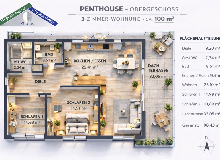 Penthouse zum Kauf - Erstbezug 694.800 € 3 Zimmer 98,5 m² 2. Geschoss Neckarsteinach 69239