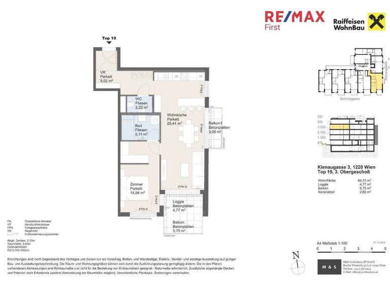 Terrassenwohnung zum Kauf - Erstbezug provisionsfrei 444.500 € 2 Zimmer 60,7 m² 3. Geschoss Klenaugasse Wien 1220