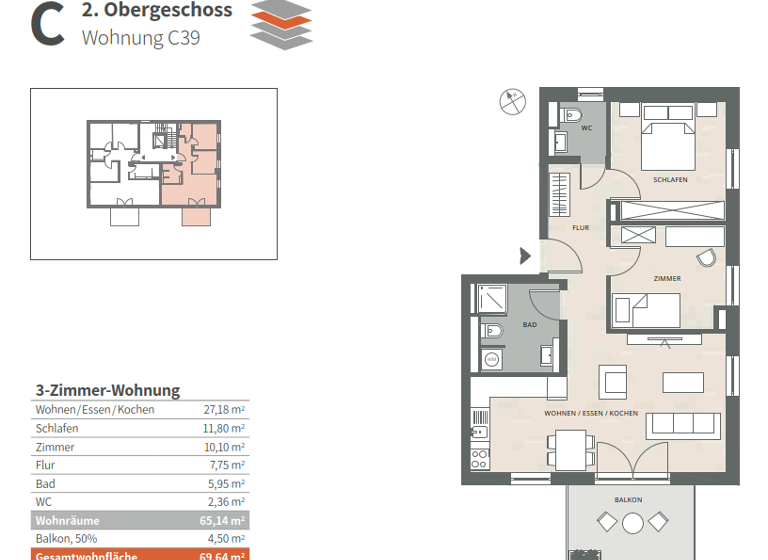 Wohnung zum Kauf - Erstbezug provisionsfrei 423.100 € 3 Zimmer 69,6 m² 2. Geschoss frei ab sofort Ringstr. 2/2 Schönaich Schönaich , Württ 71101