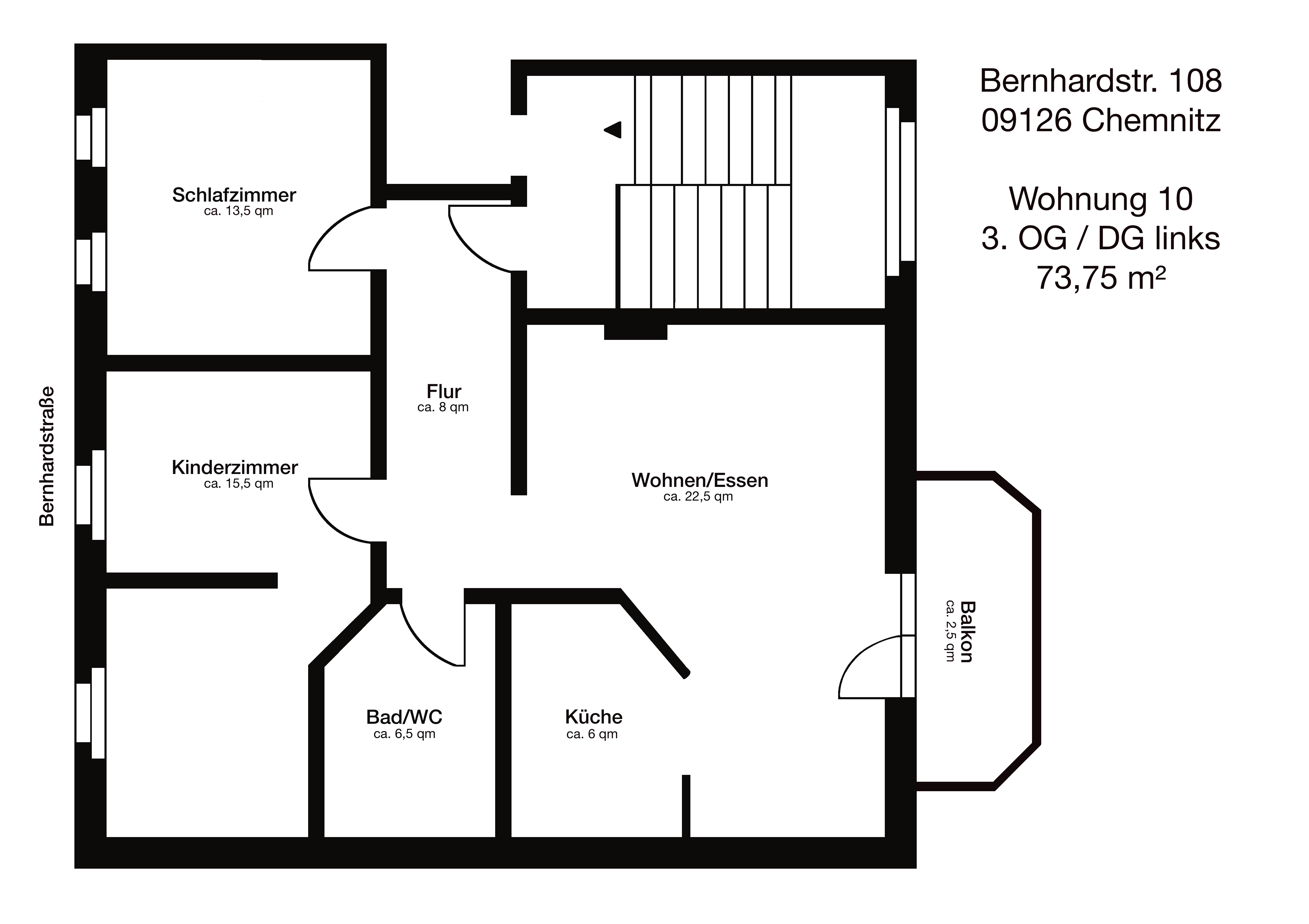 Studio zur Miete 470 € 3 Zimmer 73,8 m²<br/>Wohnfläche 3.<br/>Geschoss ab sofort<br/>Verfügbarkeit Bernhardstr. 108 Gablenz 240 Chemnitz 09126