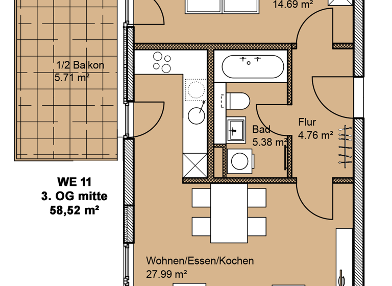 Wohnung zur Miete 702 € 2 Zimmer 58,5 m² 3. Geschoss frei ab 01.05.2026 Fehmarner Straße 9 Möckern Leipzig 04159