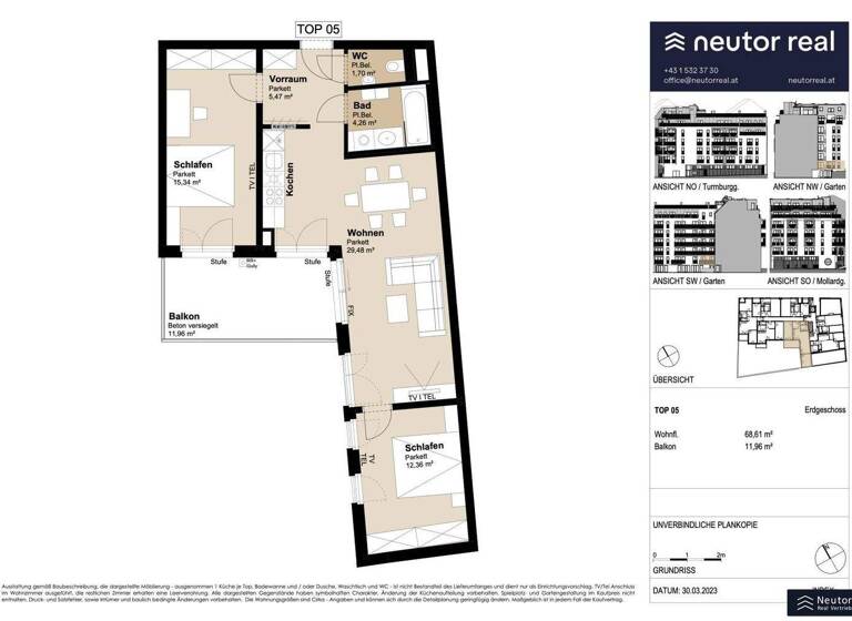 Wohnung zur Miete 1.444 € 3 Zimmer 68,6 m² 1. Geschoss Mollardgasse Wien,Mariahilf 1060
