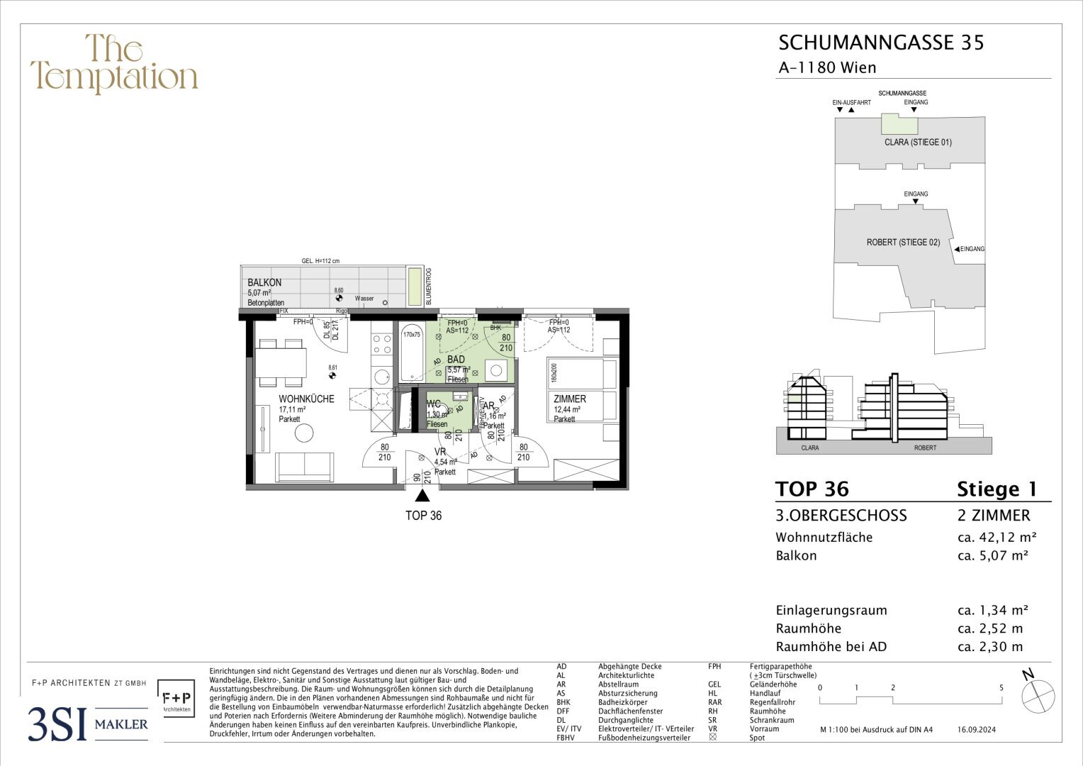 Wohnung zum Kauf 343.300 € 2 Zimmer 42,3 m²<br/>Wohnfläche 3.<br/>Geschoss Schumanngasse 35 Wien 1180