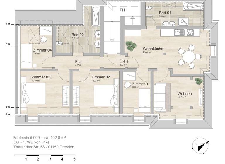 Wohnung zur Miete 1.203 € 4,2 Zimmer 102,8 m² 4. Geschoss Tharandter Str. 58 Löbtau-Süd Dresden 01159