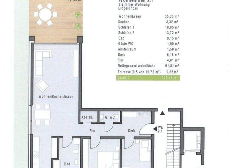 Terrassenwohnung zum Kauf - Erstbezug provisionsfrei 597.686 € 3 Zimmer 101,7 m² EG frei ab sofort Oberer Graben 2 Veitshöchheim 97209