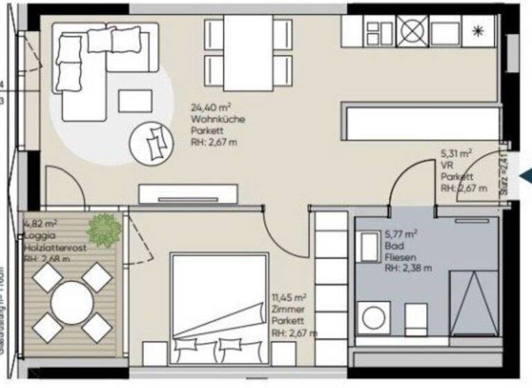 Wohnung zur Miete 1.308 € 2 Zimmer 46,9 m² 12. Geschoss Wien 1220
