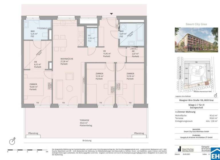 Wohnung zur Miete 1.120 € 4 Zimmer 97,1 m² frei ab sofort Waagner-Biro-Straße Lend Graz 8020